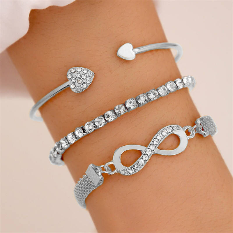Women Metal Heart Cross Charm Bracelet Set 3pcs Bangle Bracelet Set Gift