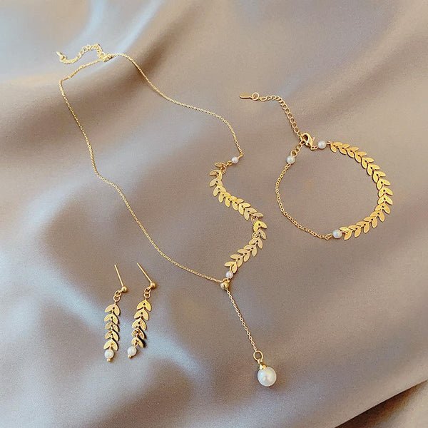Trendy Gold Plated Necklace Earrings Bracelet Jewelry Set