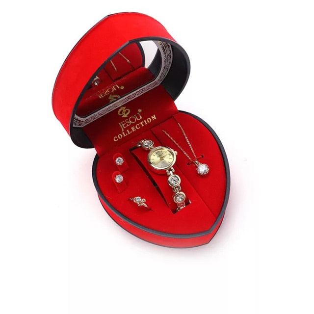 Women Bracelet Watch Set Crystal Design Necklace Earrings ring Female Jewelry Set Gift Box. GsmartBD Best Online Shop